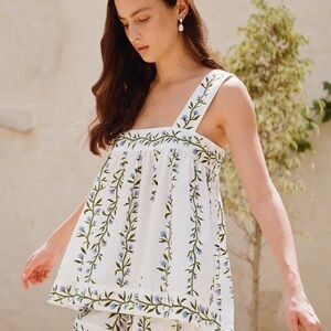 Piyama Suzette Floral Print Pajama Set - White and Green